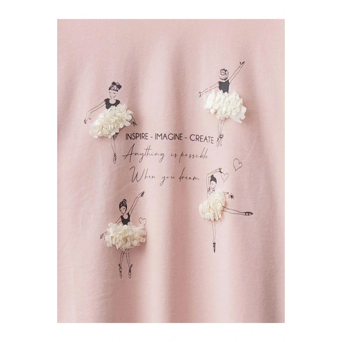 LCW Kids Pembe Bisiklet Yaka Baskılı Uzun Kollu Pamuklu Kız Çocuk Tişört