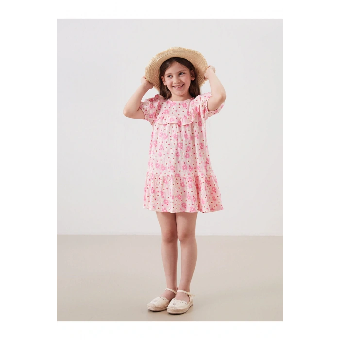 LCW Kids Pembe Çiçekli Krinkle Fırfırlı Kız Çocuk Elbise