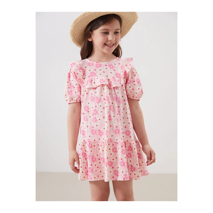 LCW Kids Pembe Çiçekli Krinkle Fırfırlı Kız Çocuk Elbise