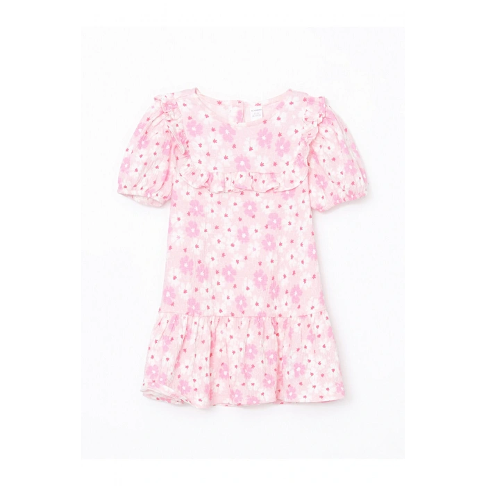 LCW Kids Pembe Çiçekli Krinkle Fırfırlı Kız Çocuk Elbise