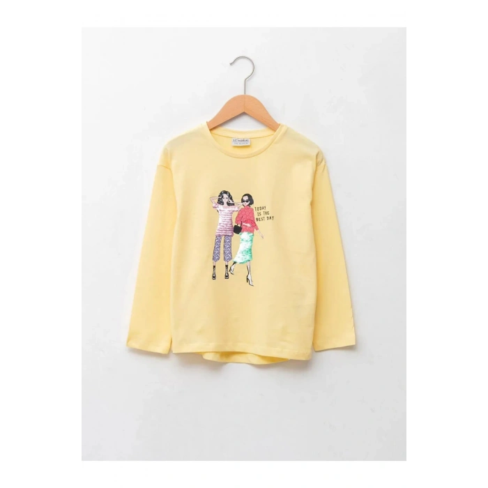 LCW Kids Sarı Bisiklet Yaka Baskılı Çift Yönlü Payetli Uzun Kollu Kız Çocuk Tişört