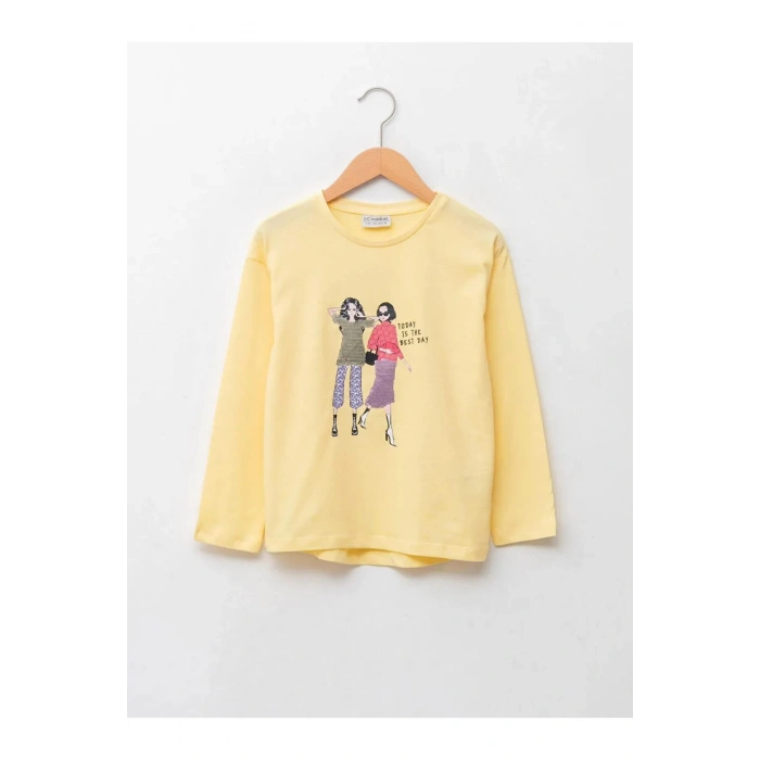 LCW Kids Sarı Bisiklet Yaka Baskılı Çift Yönlü Payetli Uzun Kollu Kız Çocuk Tişört