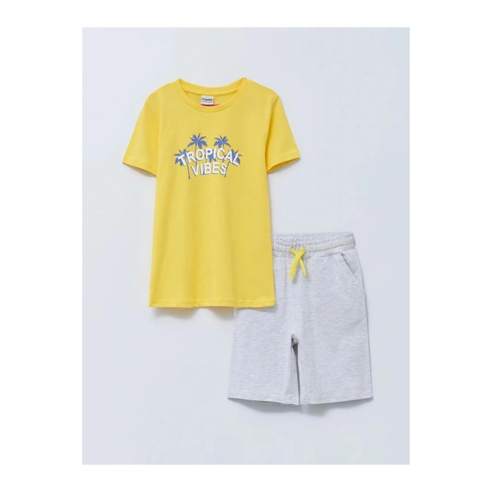LCW Kids Sarı Bisiklet Yaka Baskılı Kısa Kollu Erkek Çocuk Tişört ve Şort