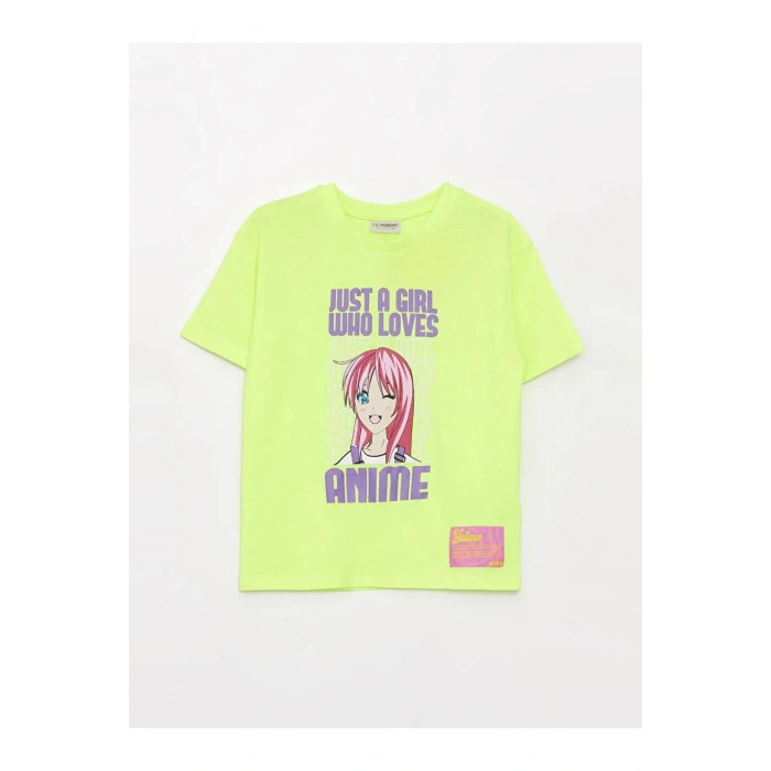 LCW Kids Sarı Bisiklet Yaka Baskılı Kısa Kollu Kız Çocuk Tişört