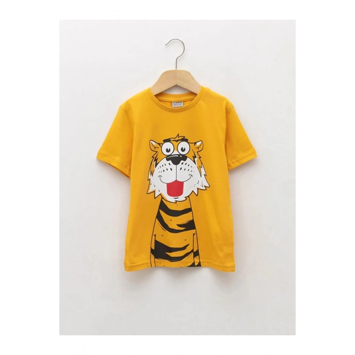 LCW Kids Sarı Bisiklet Yaka Baskılı Kısa Kollu Pamuklu Erkek Çocuk Tişört
