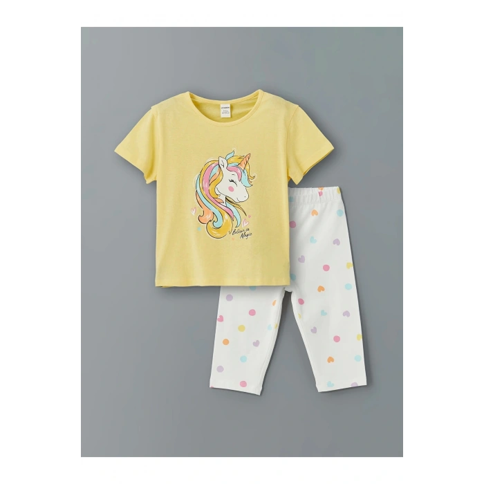 LCW Kids SARI Bisiklet Yaka Baskılı Kız Çocuk Tişört ve Tayt 2li