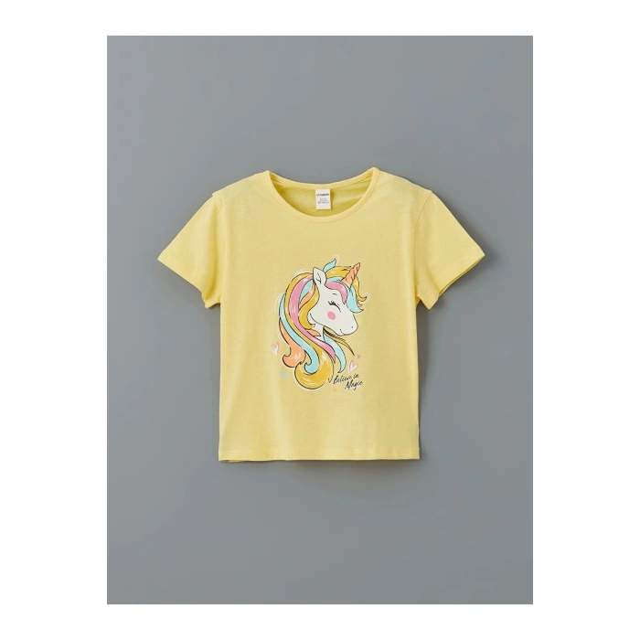 LCW Kids SARI Bisiklet Yaka Baskılı Kız Çocuk Tişört ve Tayt 2li