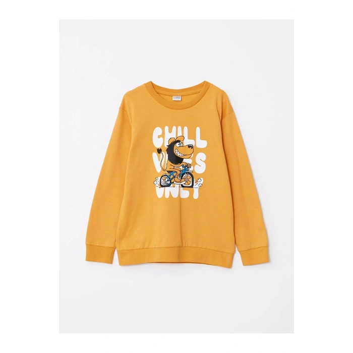 LCW Kids Sarı Bisiklet Yaka Baskılı Uzun Kollu Erkek Çocuk Sweatshirt