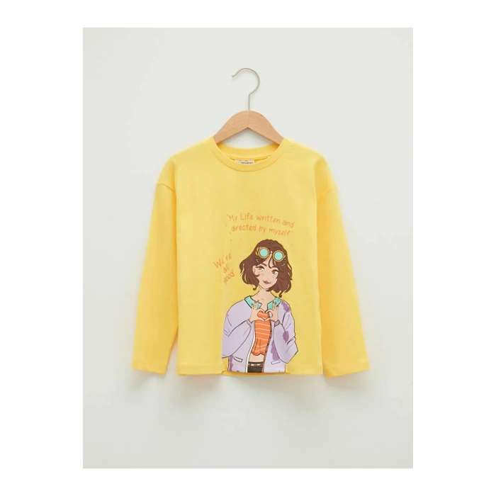 LCW Kids Sarı Bisiklet Yaka Baskılı Uzun Kollu Pamuklu Kız Çocuk Tişört
