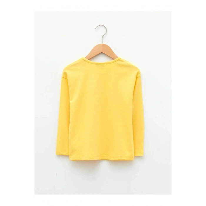 LCW Kids Sarı Bisiklet Yaka Baskılı Uzun Kollu Pamuklu Kız Çocuk Tişört