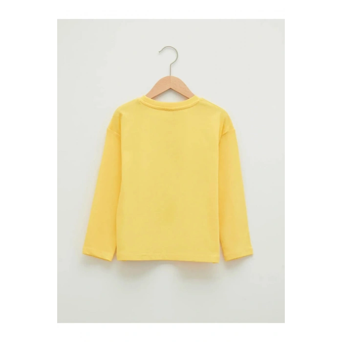 LCW Kids Sarı Bisiklet Yaka Baskılı Uzun Kollu Pamuklu Kız Çocuk Tişört