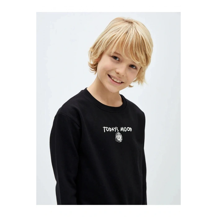 LCW Kids Siyah Bisiklet Yaka Baskılı Uzun Kollu Erkek Çocuk Sweatshirt