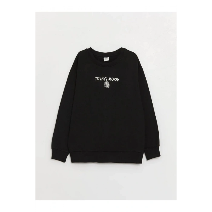 LCW Kids Siyah Bisiklet Yaka Baskılı Uzun Kollu Erkek Çocuk Sweatshirt