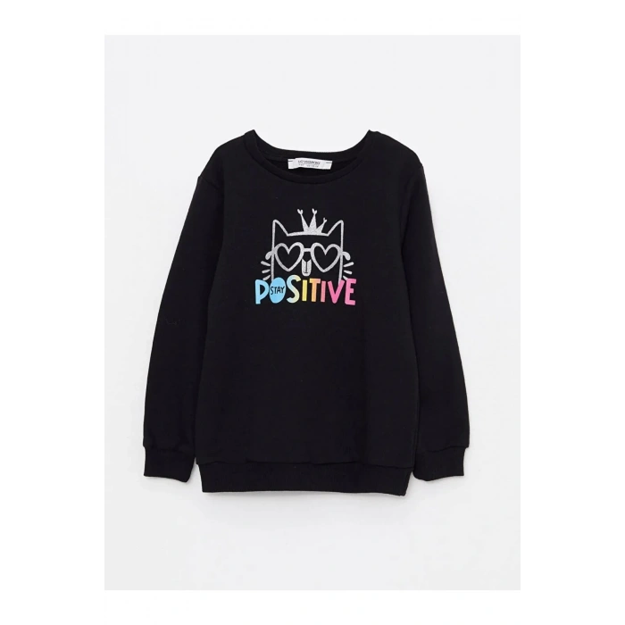LCW Kids Siyah Bisiklet Yaka Baskılı Uzun Kollu Kız Çocuk Sweatshirt