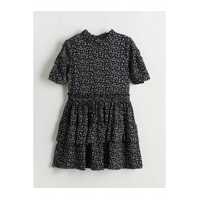 LCW Kids Siyah Bisiklet Yaka Çiçekli Kız Çocuk Elbise