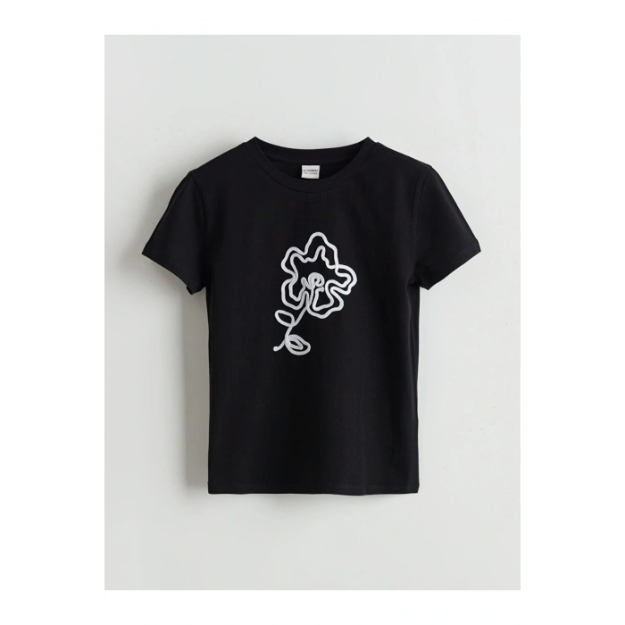 LCW Kids Siyah Bisiklet Yaka Çiçekli Kız Çocuk Tişört