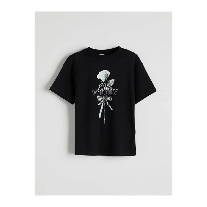 LCW Kids Siyah Bisiklet Yaka Çiçekli Kız Çocuk Tişört