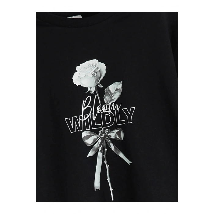 LCW Kids Siyah Bisiklet Yaka Çiçekli Kız Çocuk Tişört