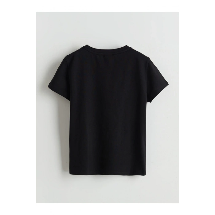 LCW Kids Siyah Bisiklet Yaka Çiçekli Kız Çocuk Tişört