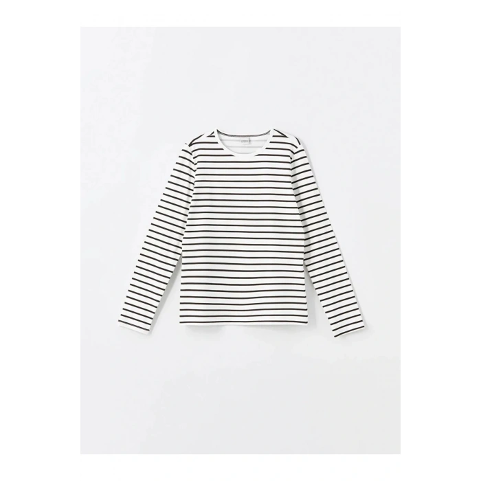 LCW Kids Siyah Bisiklet Yaka Çizgili Uzun Kollu Kız Çocuk Tişört