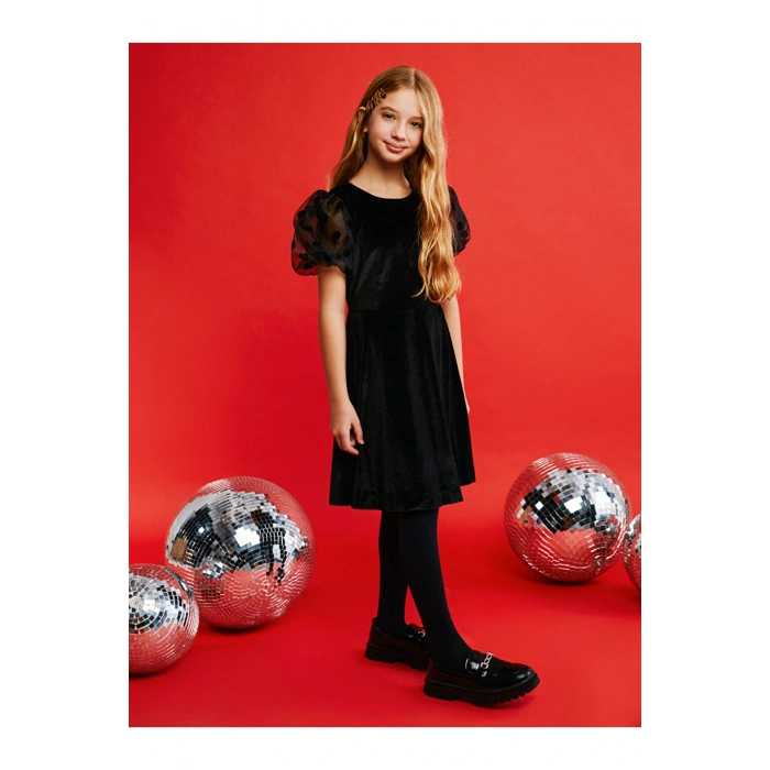 LCW Kids Siyah Bisiklet Yaka Kadife Kız Çocuk Elbise