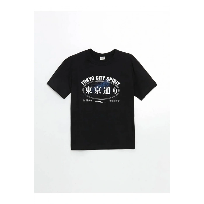 LCW Kids Siyah Bisiklet Yaka Tokyo Baskılı Erkek Çocuk Tişört