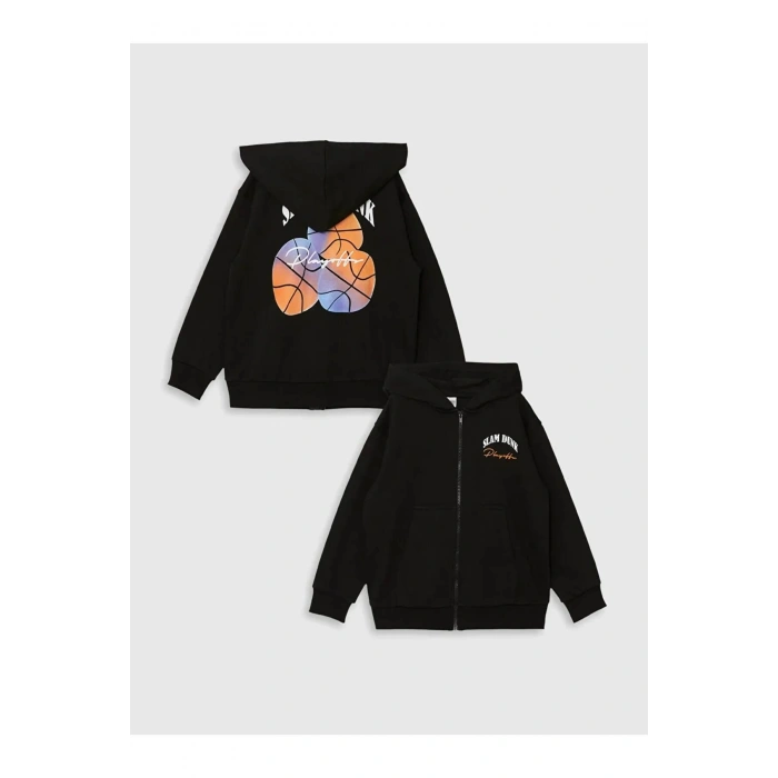 LCW Kids Siyah Kapüşonlu Baskılı Uzun Kollu Erkek Çocuk Fermuarlı Sweatshirt