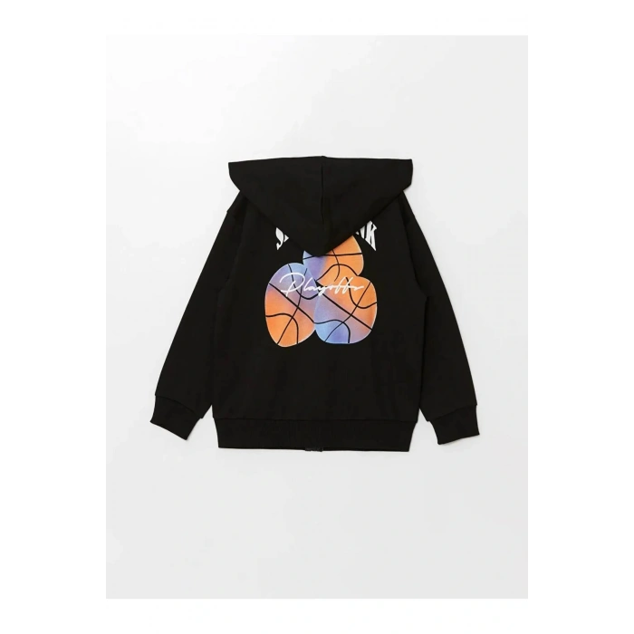 LCW Kids Siyah Kapüşonlu Baskılı Uzun Kollu Erkek Çocuk Fermuarlı Sweatshirt