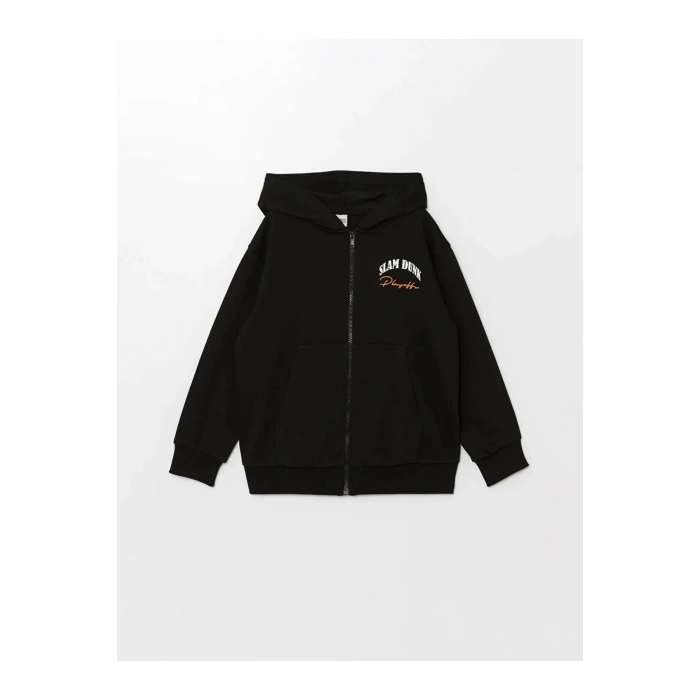 LCW Kids Siyah Kapüşonlu Baskılı Uzun Kollu Erkek Çocuk Fermuarlı Sweatshirt