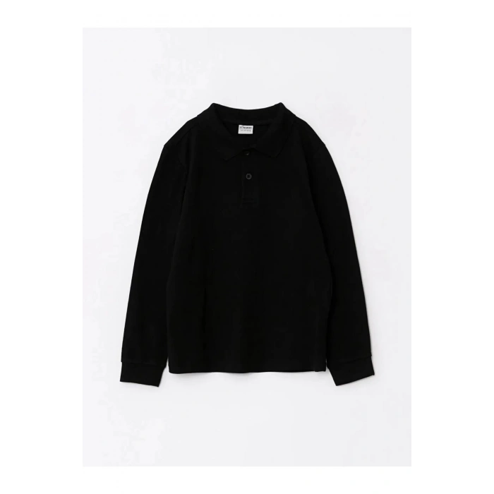 LCW Kids Siyah Polo Yaka Basic Uzun Kollu Erkek Çocuk Tişört