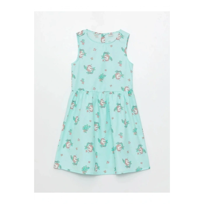 LCW Kids Turkuaz Bisiklet Yaka Desenli Kız Çocuk Elbise
