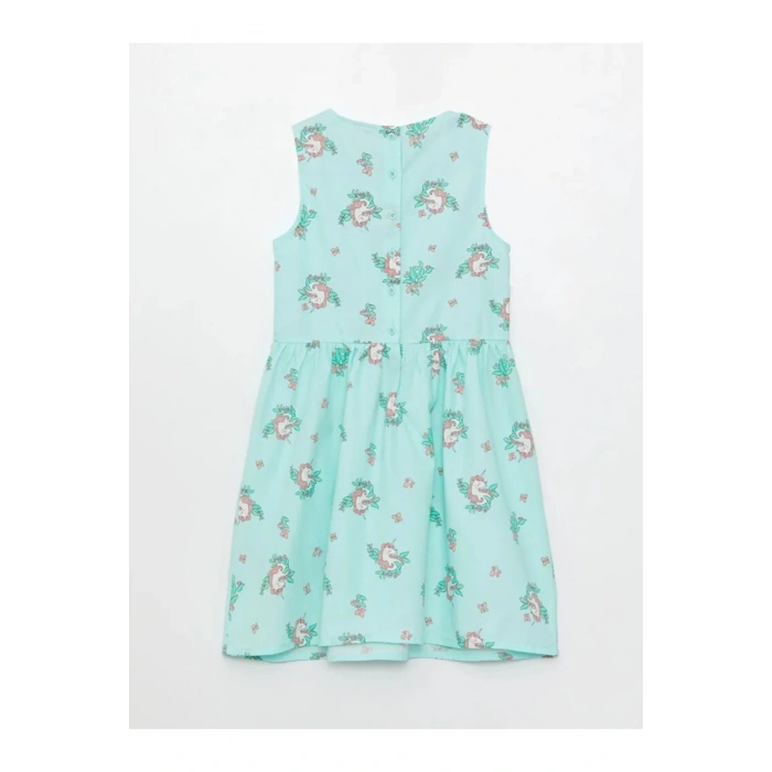 LCW Kids Turkuaz Bisiklet Yaka Desenli Kız Çocuk Elbise