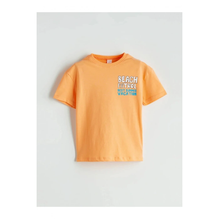 LCW Kids Turuncu Bisiklet Yaka Baskılı Erkek Çocuk Tişört