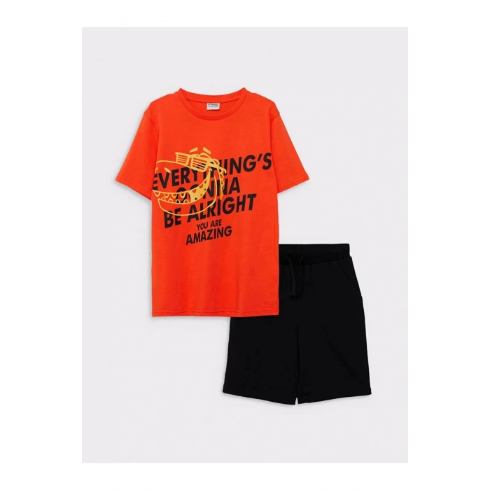 LCW Kids Turuncu Bisiklet Yaka Baskılı Kısa Kollu Erkek Çocuk Tişört ve Bermuda