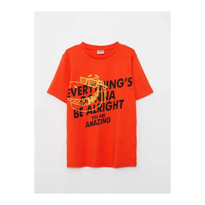 LCW Kids Turuncu Bisiklet Yaka Baskılı Kısa Kollu Erkek Çocuk Tişört ve Bermuda