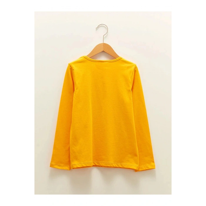 LCW Kids Turuncu Bisiklet Yaka Baskılı Uzun Kollu Pamuklu Kız Çocuk Tişört