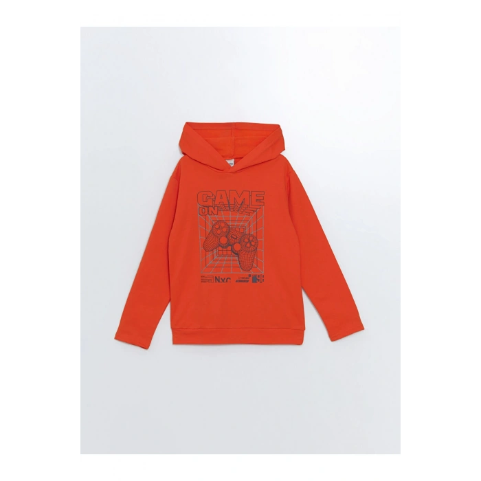 Lcw Kids Turuncu Kapüşonlu Baskılı Uzun Kollu Erkek Çocuk Sweatshirt