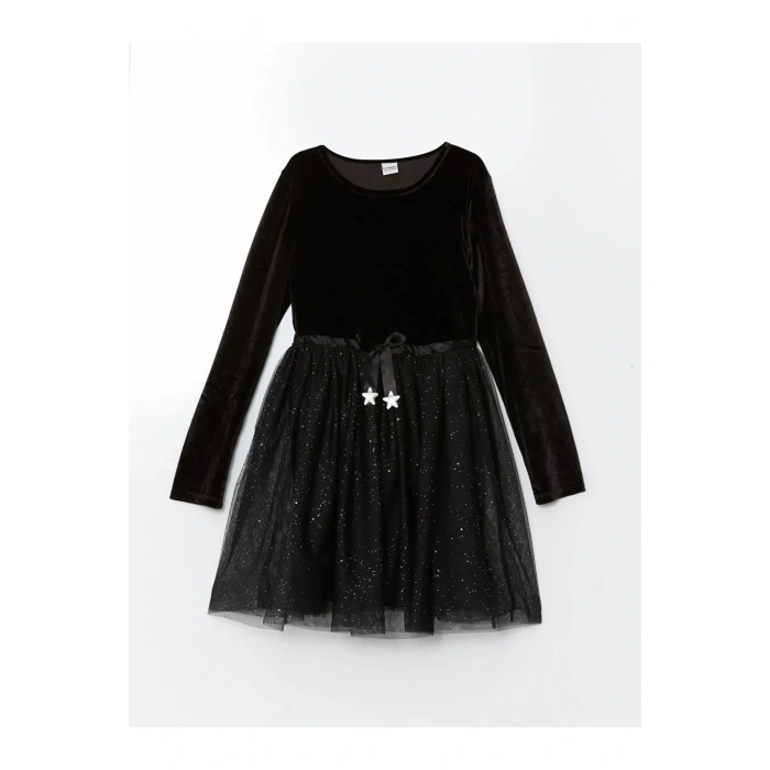 LCW Kids Yeni Siyah Bisiklet Yaka Kadife Kız Çocuk Elbise
