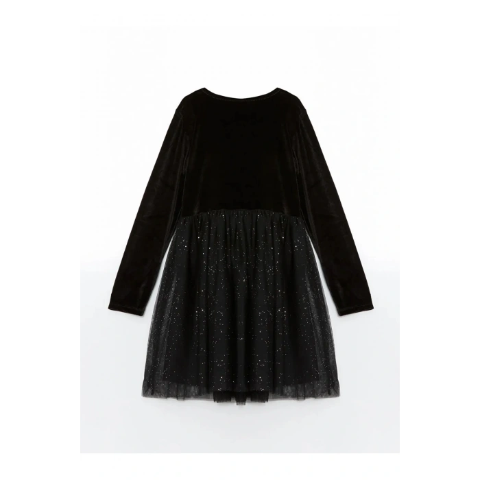 LCW Kids Yeni Siyah Bisiklet Yaka Kadife Kız Çocuk Elbise