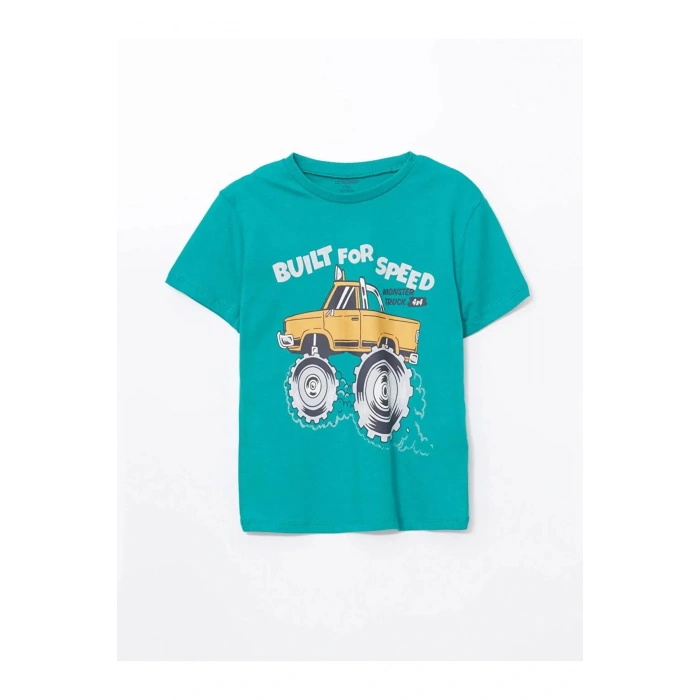 LCW Kids Yeşil Bisiklet Yaka Baskılı Erkek Çocuk Tişört