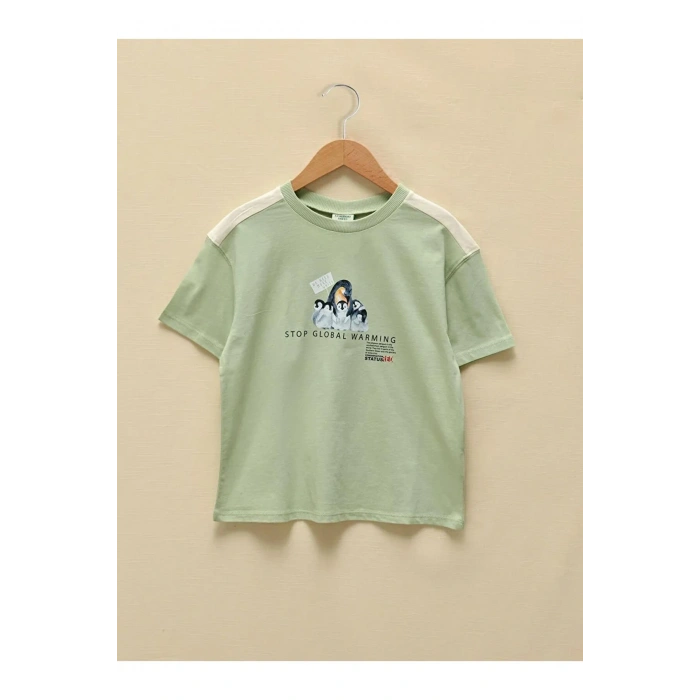 LCW Kids Yeşil Bisiklet Yaka Baskılı Kısa Kollu Kız Çocuk Tişört