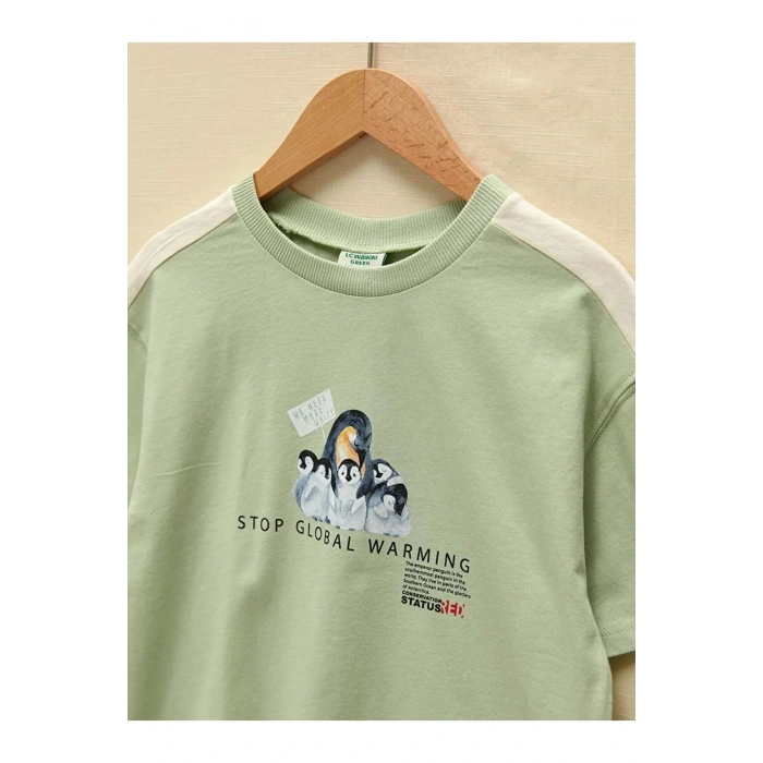 LCW Kids Yeşil Bisiklet Yaka Baskılı Kısa Kollu Kız Çocuk Tişört