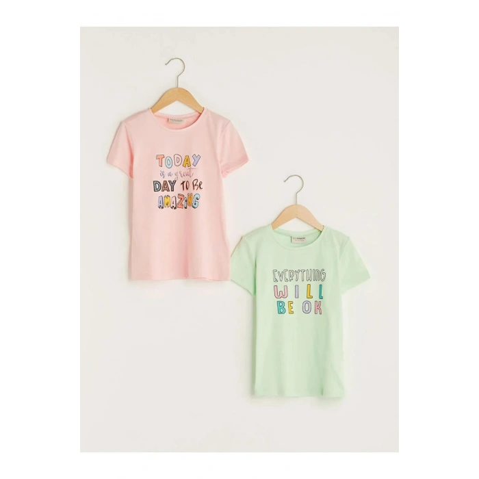 LCW Kids Yeşil Bisiklet Yaka Baskılı Kısa Kollu Pamuklu Kız Çocuk Tişört 2li