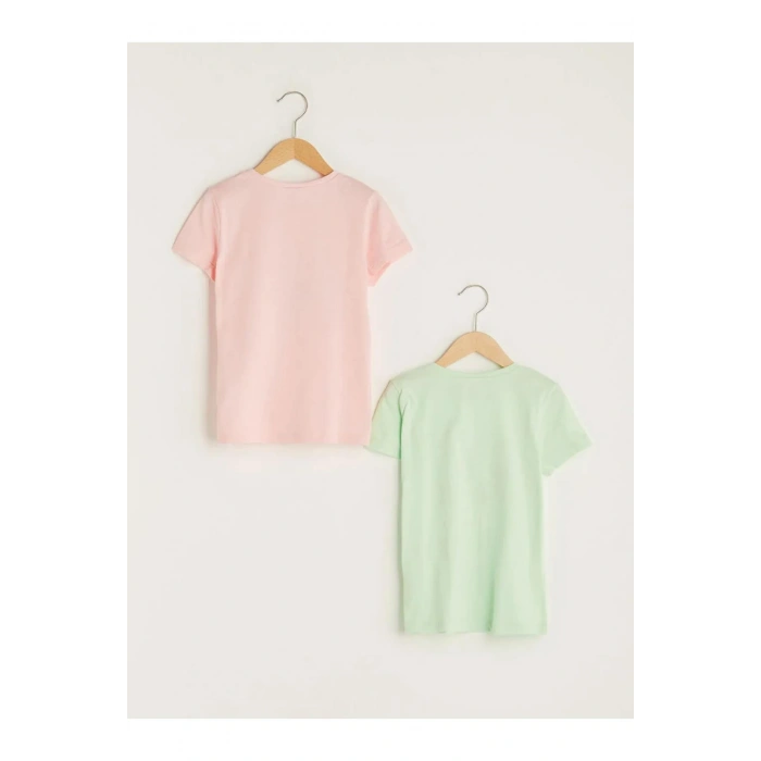 LCW Kids Yeşil Bisiklet Yaka Baskılı Kısa Kollu Pamuklu Kız Çocuk Tişört 2li