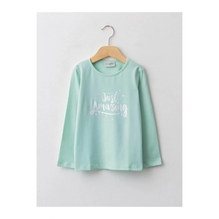 LCW Kids Yeşil Bisiklet Yaka Baskılı Uzun Kollu Pamuklu Kız Çocuk Tişört