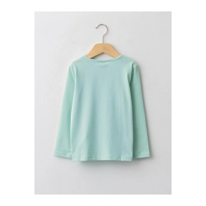 LCW Kids Yeşil Bisiklet Yaka Baskılı Uzun Kollu Pamuklu Kız Çocuk Tişört