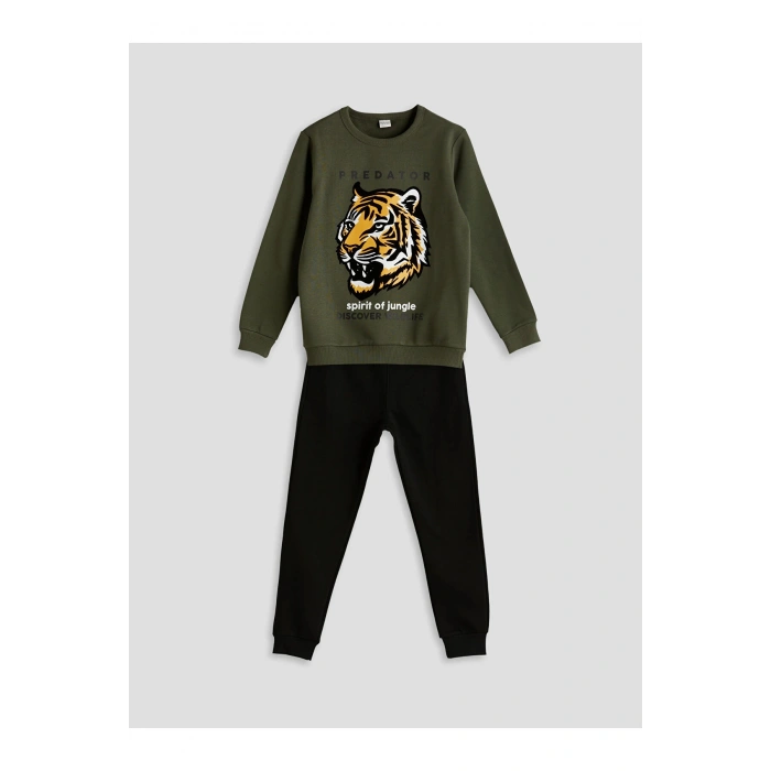 LCW Kids Yeşil Bisiklet Yaka Kaplan Baskılı Erkek Çocuk Eşofman Takımı