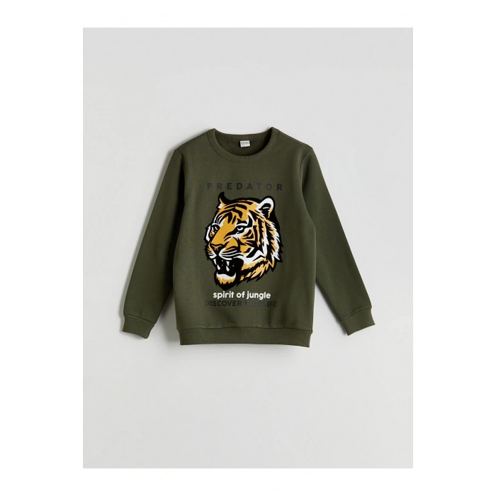 LCW Kids Yeşil Bisiklet Yaka Kaplan Baskılı Erkek Çocuk Eşofman Takımı