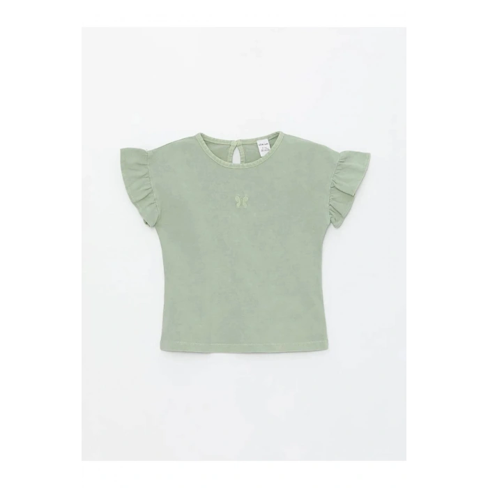 LCW Kids Yeşil Bisiklet Yaka Nakışlı Kız Bebek Tişört