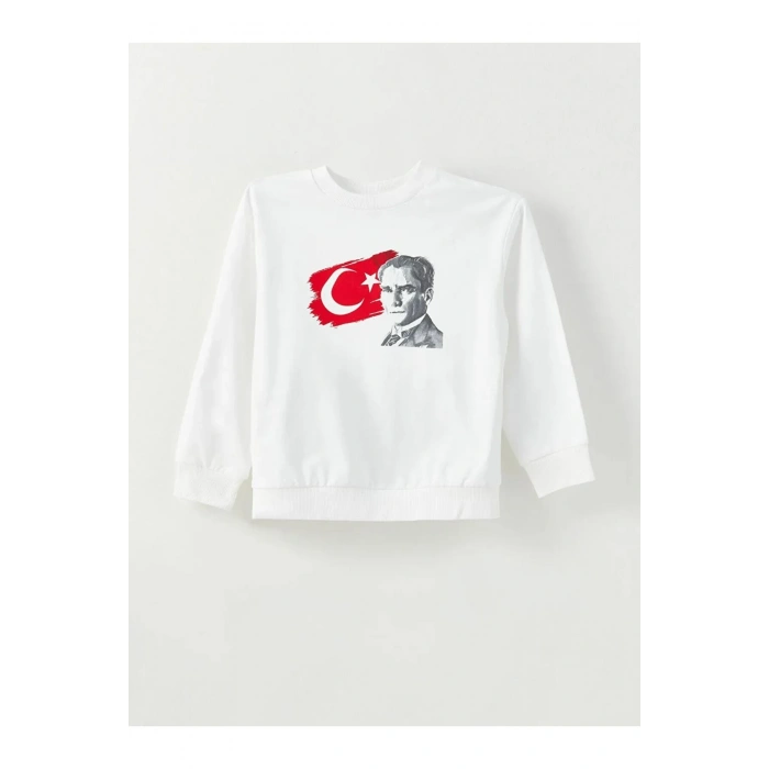 LCW KidsBeyaz Bisiklet Yaka Türk Bayrağı Ve Atatürk Baskılı Uzun Kollu Erkek Çocuk Sweatshirt